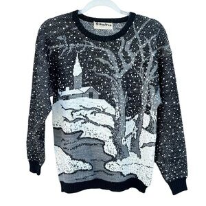 VTG Snowy Landscape Knit Sweater Chapel Stream Trees Laguna Hill 80s 90s Blk Wht